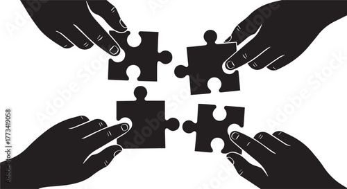 Four hands connecting puzzle pieces in a collaborative effort isolated on transparent background