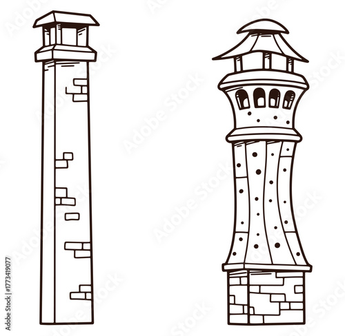 Hand drawn illustration of two decorative chimney designs in monochrome style