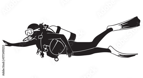 Scuba diver swimming underwater with scuba gear, isolated on transparent background