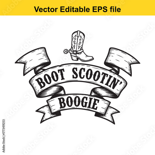 Retro boot scootin boogie text with cowboy boot and banner