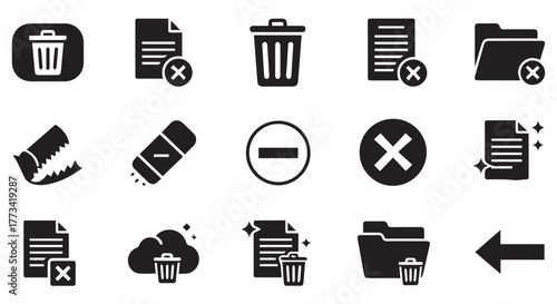 Collection of delete and trash icons, representing removal and deletion actions isolated on transparent background