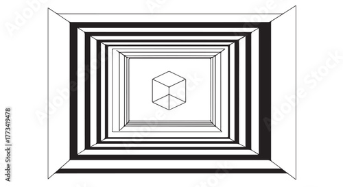 Abstract optical illusion of a cube within a receding tunnel, black and white isolated on transparent background