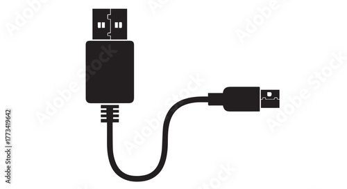 Usb cable with type a and mini usb connector isolated on transparent background