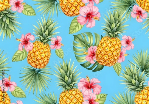 Bright tropical seamless pattern with pineapples, hibiscus flowers, and palm leaves on a vibrant blue background, perfect for summer themes