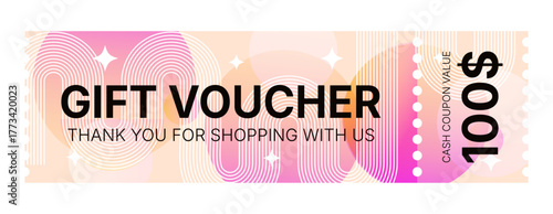 $100 gift voucher template with modern geometric design. Vector coupon with abstract gradient for advertising sales and promotions