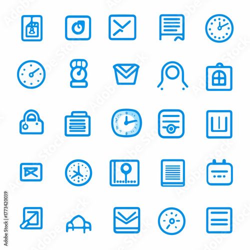 Collection of Various Icons Representing Time, Communication, and Organization in a Clean, Blue Line Art Style on a White Background