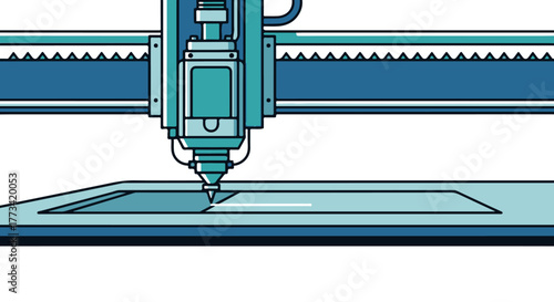 Industrial laser cutting machine precisely engraving a flat surface with a focused beam, isolated on transparent background