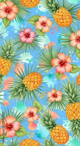 Vibrant tropical seamless pattern with golden pineapples, pink hibiscus flowers, and green palm leaves on a blue watercolor background. Perfect for summer fashion and decor