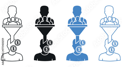 Sales funnel illustration showing lead conversion with money icons isolated on transparent background