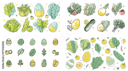 Hand-drawn watercolor-style vegetables and leaves collection with eggs and herbs. Perfect for organic food packaging, menu design, and eco-friendly branding.