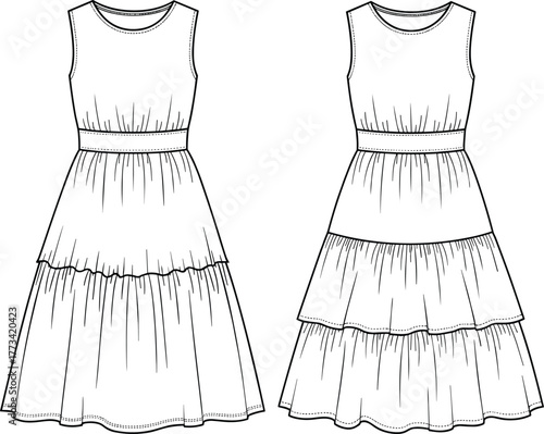 Tiered Maxi Dress Flat Sketch Vector Technical Drawing Design Front and Back Views Sleeveless Elasticated Waist Fashion Apparel Template Blank Mockup Isolated White Background Women's Clothing Guide.