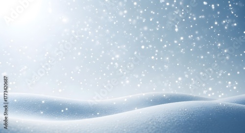 Gentle snowfall blankets rolling snowdrifts under a soft bright winter sky