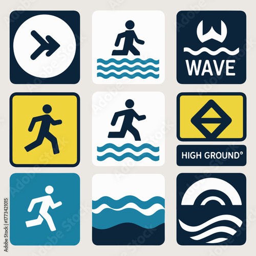 World Tsunami Awareness Poster and Infographic Collection with Wave Symbol, Global Map, Rescue Team, and Educational Disaster Prevention Illustrations