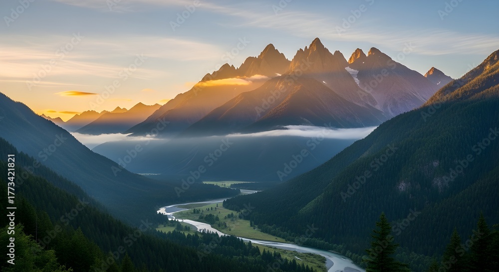 Fototapeta premium Mountain valley with low clouds and soft morning light.