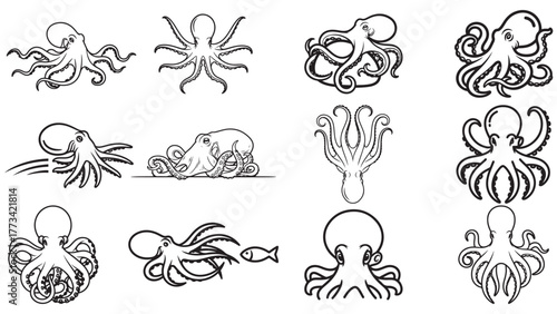 Flexible Octopus and Tentacle Pose Icon Set, Intelligent Cephalopod Marine Life Outline Vector Graphics