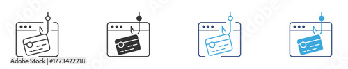 Cybersecurity phishing icon  set, phishing attack targeting login credentials with a fishing hook over a username and password form. vector illustration . 