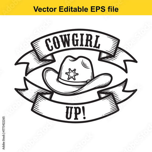 Cowgirl up text with cowboy hat and sheriff star