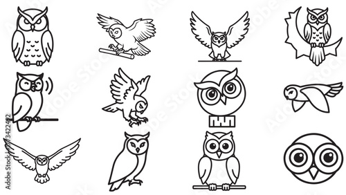 Owl night forest line icons, perched wise bird silhouette vector sheet
