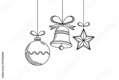 Festive Christmas Ornaments Hanging: A Bell, Star, and Ball Illustration for Seasonal Greetings against White Background