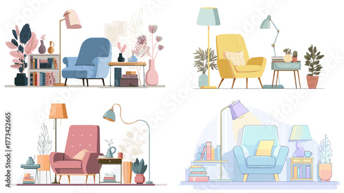 Stylish flat vector illustration of cozy living room interiors with armchairs, lamps, and plants. Ideal for home décor blogs, furniture catalogs, and interior design branding.