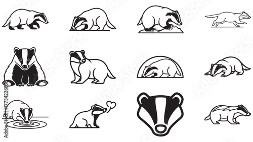 Badger burrow pose outline icons, strong digging forest mammal vector sheet