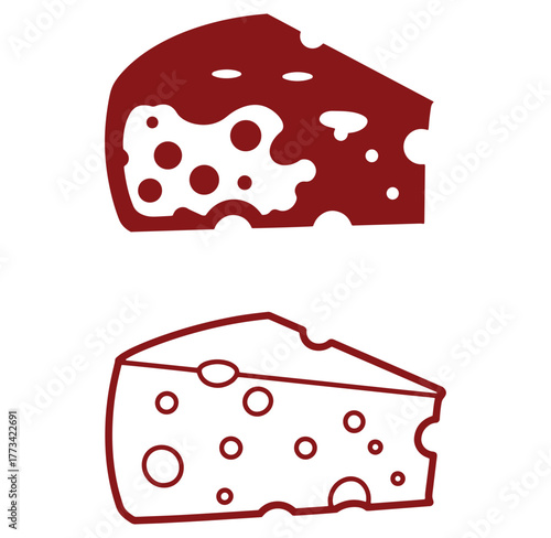 Two artistic cheese wedge illustrations in red and line drawing styles on a white background