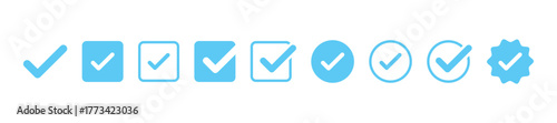 Checkmark icon. Blue check mark vector set. Checked checkbox sign. Approved symbol. Isolated v checkmark icon.