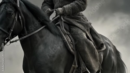Man in ancient armor riding a dark horse in dusty conditions, depicting a warrior on horseback, historical footage
