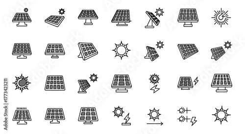 Sustainable living icons representing solar panels and sun energy for eco friendly power