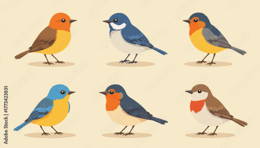 Fototapeta premium A set of various flat colored birds on a plain background. 