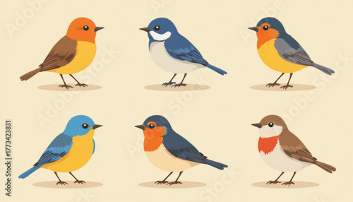 A set of various flat colored birds on a plain background. 