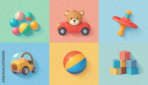 A set of flat colored children's toy illustrations on a plain background. 