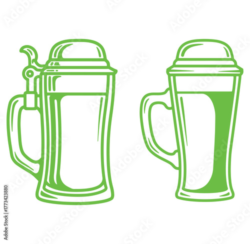 Two green beer mugs vector illustration isolated on white background for bar and pub designs