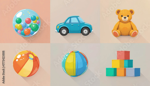 A set of flat colored children's toy illustrations on a plain background. 