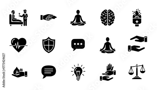 Mental Health & Wellness Icons Silhouette - Therapy, Brain, Meditation Black Vector Set for Psychological Support