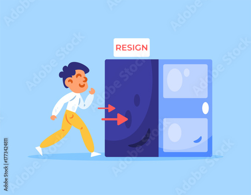 Illustration of a man walking towards the exit and wanting to resign. An employee wants to quit his job for happiness. Resignation concept. Freedom door. Flat style design. Blue background.