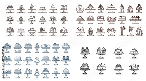 Vintage sketch dessert and cake icons set, hand-drawn sweet bakery collection featuring cupcakes, sundaes, and ice cream for cafe menu and packaging design.