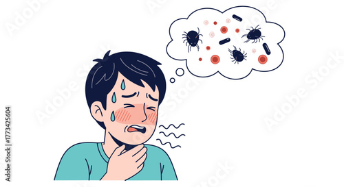 A person feeling unwell with a thought bubble indicating germs, infection, or illness, possibly a cold, flu, or virus.