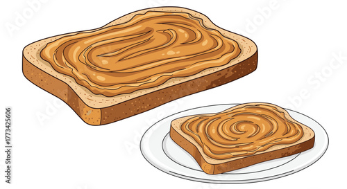 Two slices of toast with peanut butter, one on a plate, on a white background.