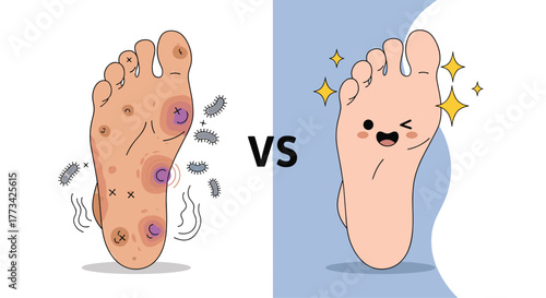 Comparison of healthy and unhealthy foot conditions with bacteria, spots, and warts versus a clean, cute, and sparkling foot.