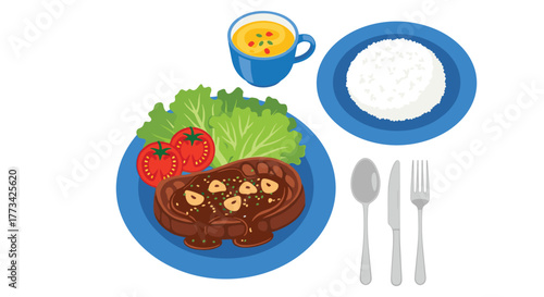 A delicious meal featuring steak, rice, soup, and salad is ready to be served with utensils.