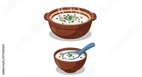 Illustration of hot rice porridge in a clay pot and a bowl with a spoon, garnished with scallions.