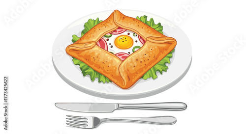 Savory crepe with egg, ham, and vegetables served on a plate with cutlery.