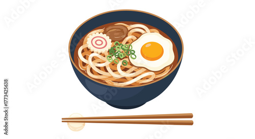 A colorful illustration of a bowl of udon noodles with an egg and chopsticks against a white backdrop.