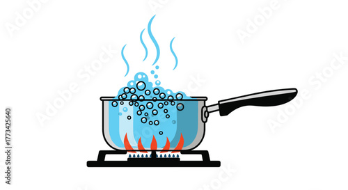 A pot of boiling water on a stovetop, with steam rising and bubbles, depicting the concept of cooking or preparation of food or beverages, and hot water.