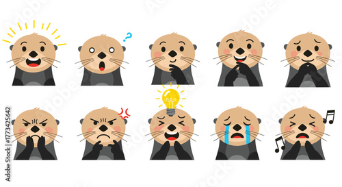 Collection of cute otter emojis showing various emotions and expressions.