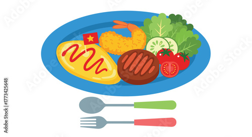 A whimsical and colorful depiction of a dish featuring an omelet with a flag, shrimp, meat, and fresh vegetables on a blue plate.