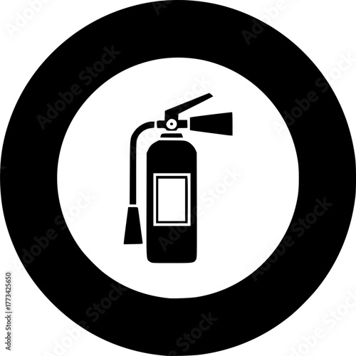 Fire extinguisher circle icon. Black, round, minimalist icon isolated on white background. Extinguisher simple silhouette