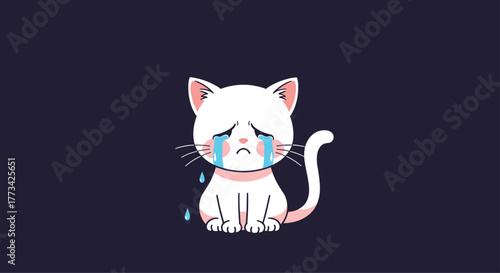 A cute white cat with pink ears and collar is sitting and crying, shedding tears of sadness on a dark blue background with no other objects..