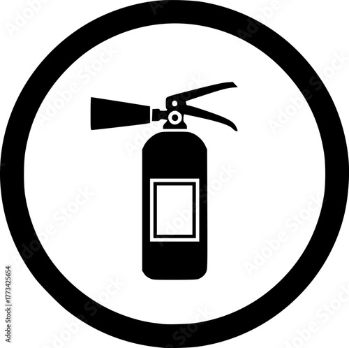 Fire extinguisher circle icon. Black, round, minimalist icon isolated on white background. Extinguisher simple silhouette